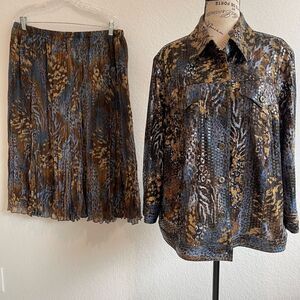 Ruby Rd Womens 2 piece 16W Blouse Top & Skirt Stretch Button Up Animal print Set